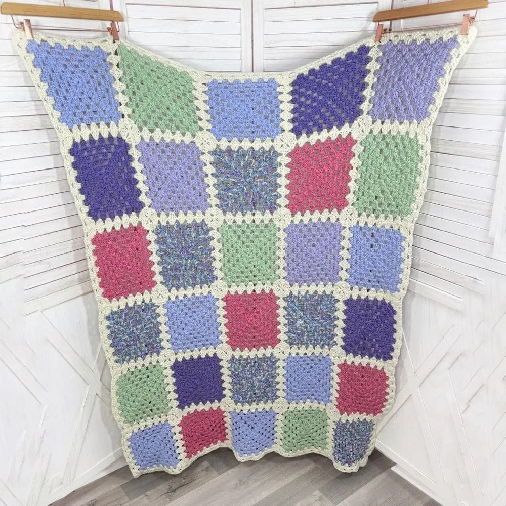 Handmade Granny Square Crochet Afghan Blanket White Multicolor Pink Purple Green